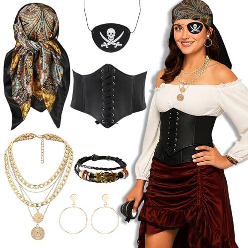 AYNKH Set von Piraten-Kostüm-Accessoires für Damen - Schal, Gürtel, Ohrklappen, Halskette, Armband, Perückenschmuck, Verkleidung für Halloween, Karneval, Maskenball, goldfarben, One size