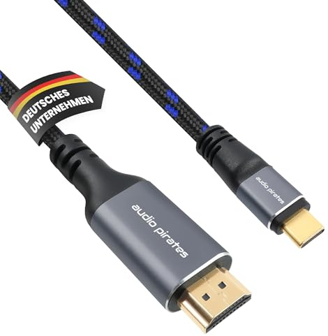 audio pirates USB-C auf HDMI Kabel, 4K/60HZ, 2.0B, OD: 5,00mm, 3-fach geschirmt, Nylon-Ummantelung, 24k vergoldete Stecker, HDMI Zertifikat, Metall-Gehäuse, Klettband (1er Pack, 3 Meter, Blau)