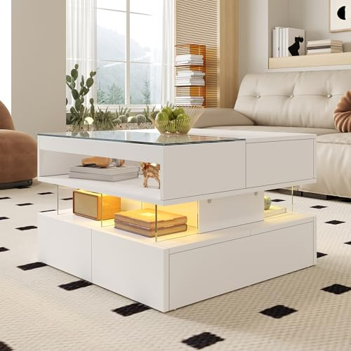 Soweiz Mesa de centro ajustable en altura para salón con iluminación de 16 colores, gran espacio de almacenamiento, tapa de cristal y soportes acrílicos, 70 x 67 x 57 cm