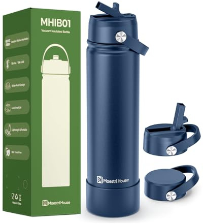 Maestri House 750ml Insulated Water Bottle, Leakproof Bottle with 2 Lids (Straw & Spout), Keep 10H Hot 24H Cold, BPA-Free, Stainless Steel Bottle for Gym Travel Cycling（Blue）