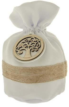 Doni Bomboniere 18 Anni Compleanno 12 pz Sacchettino Bicolore Bianco e Panna con Applicazione Albero della Vita Tiranti Idee Regalo Complete Originali Economiche
