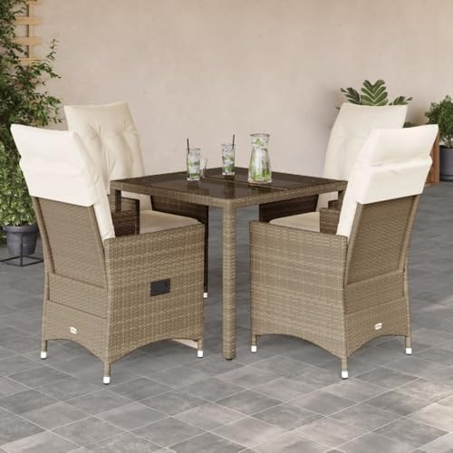 Ziaphsol 5-TLG. Garten-Essgruppe Beige Poly Rattan, Verstellbare Relaxsessel mit Fußteil, Hartglas-Tisch 90x90cm, Outdoor Möbel Set für Terrasse, Balkon