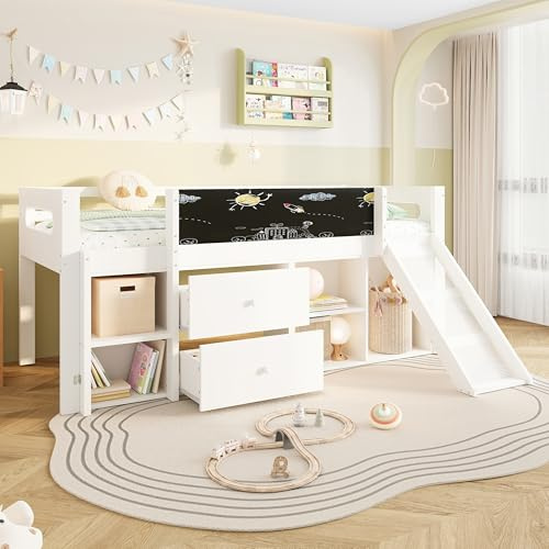 SURUEO Kids Cabin Bed with Slide, Blackboard & Storage, 3ft Single Modern Wood Mid Sleeper, 2 Drawers & Shelves, Interchangeable Ladder, White, Space-Saving Loft Bed, No Mattress