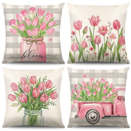 Lot De 4 Housse De Coussin Fleurs 40 X 40 Cm,Printemps Fleur De Jardin Polyester Lin Décoratif Taie D'oreille,Plantes De Fleurs Sauvages Printanières Housses De Coussin,Pour Canapé Home Décor (A)