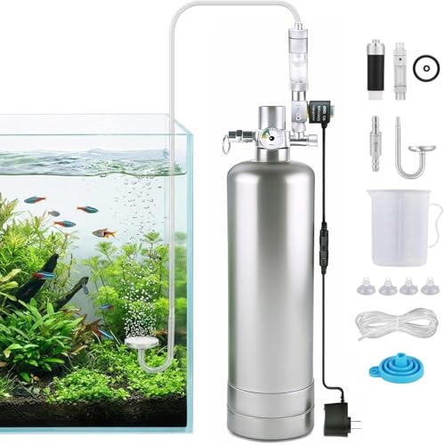 WHYIOFC Impianto CO2 da 2 l, in acciaio inox, per acquario, alimentazione intelligente del gas con valvola magnetica, riduttore di pressione e contatore di bolle, attacco rapido per una facile