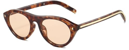 LJCZKA Retro Ovale Sonnenbrille für Damen Herren Kleine Ovale Sonnenbrille Vintage 90er Oval Katzenaugen Rund Schmal Rahmen Brille Mode mit UV Schutz (Leopard Champagner)