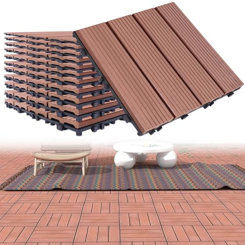 Suusolny 22er Set WPC Terrassenfliesen 30x30 cm, Klickfliesen mit Holzoptik & Drainage, Wetterfeste Kunststoff Bodenfliesen für Balkon Terrasse Garten, Braun
