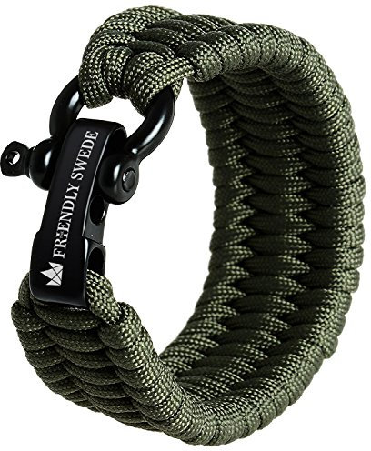 The Friendly Swede Bracelet de Survie Trilobite en Paracorde avec Maillon d'attache Noir en Acier Inoxydable - Idéal pour Randonnée, Camping et Toute Situation d'urgence (Vert Militaire, XL (23-25cm))