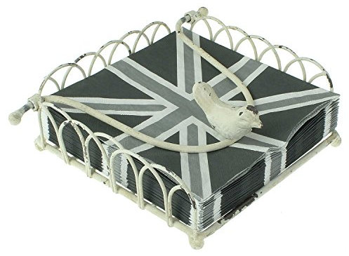 Schöner antiker Servietten-Ständer in creme-weiß. Mit einem Vogel am Halter. Nostalgie. Used-Look. Vintage. Shabby-Chic. Metall. Mit Gewichtshebel. 18 x 18 cm. Servietten-Korb. Tisch-Dekoration