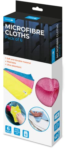Simply CLE004 Car Home Wash & Dry 6PK Microfibre Cloth, Durable, Washable and Reusable, Ultra-Absorbent Soft Material Holds More Suds & Water, Clean & Remove Tough Stains, Multi, Set of 6