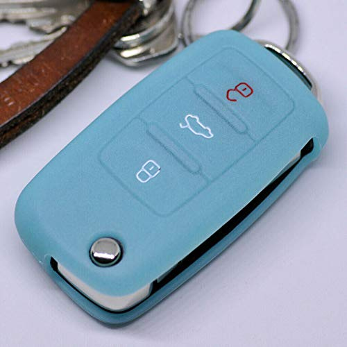 Auto Schlüssel Hülle Silikon Schutz Cover für VW Seat Skoda 3 Tasten ab 11/2009 / Farbe: Fluoreszierend Blau (leuchtet im Dunkeln!)