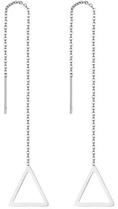 Flongo Damen Stäbchen Durchzieher Ohrringe Lange Quaste Einfädler Ohrringe Frauen Ohrhänger Ohrstecker Ohrkette Ohrseil mit Dreieck Rahmen Anhänger Silber
