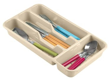 PLASTIFIC Large CUTLERY TRAY Utensils Spoon Fork Holder Flatware Organiser for Kitchen Organiser Strong Plastic Drawer Sliding Tidy (33 x 17.5 x 4.3 slim, Taupe)