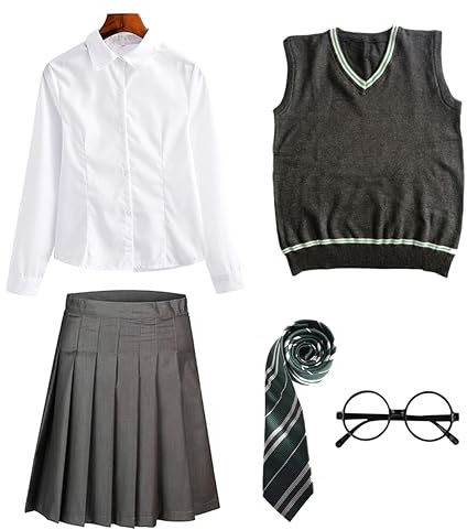 FStory&Winyee Zauberer Set Rock/Hose Bluse/Hemd Krawatte Brille Kostüm Zubehör für Kinder Erwachsene Zubehör Set Striped Tie Gestreifte Krawatte zum Fasching Karneval Halloween, Size 135