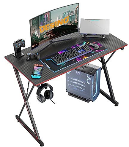 DESINO Gaming Schreibtisch, 80 x 50 cm Ergonomischer Computertisch, Tisch mit Kohlefaseroberfläche, stabiles Kopfhörerhaken zum Spielen, Lernen, Zuhause, Schlafzimmer, Schwarz