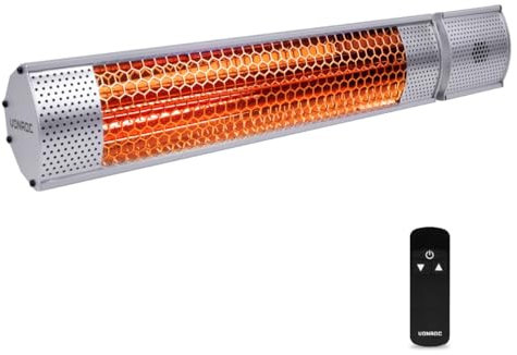 Vonroc Chauffage Terrasse Extérieur Marsili 2000W - Chauffage Mural Aluminium Gris IP65 - Temps de Chauffe 1 sec - Avec Télécommande - Support Suspension Inclus - S'installe Aussi sur Pied, Suspendu