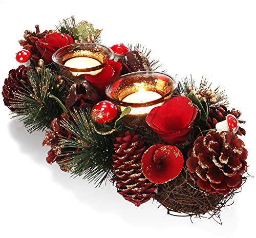 COM-FOUR® Teelichthalter - dekorativer Kerzenständer für Weihnachten und Herbst - Kerzenhalter mit natürlichen Materialien - Handarbeit (Adventsgesteck rote Blume - 2 Kerzen)