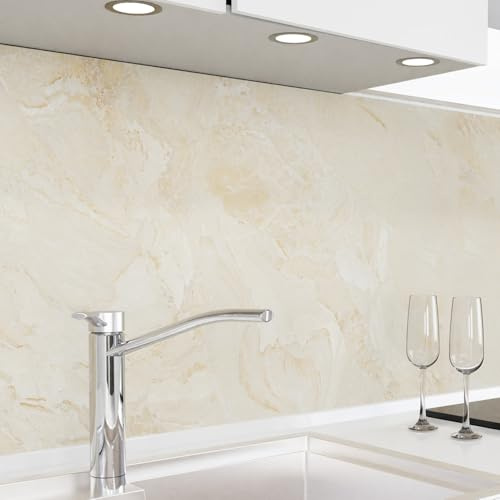 danario Rivestimento Paraschizzi Cucina Adesivo da Parete I Effetto Opaco I Spesso e Rigido I Ignifugo e Resistente all'Acqua I 0,40 mm I Marmo Beige – 60 cm x 340 cm
