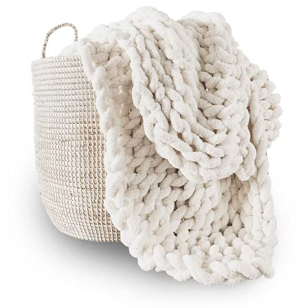 Adyrescia Grobstrickdecke, Überwurf, 100% handgestrickt mit Jumbo-Chenille-Garn (152,4 x 203,2 cm, Cremeweiß)