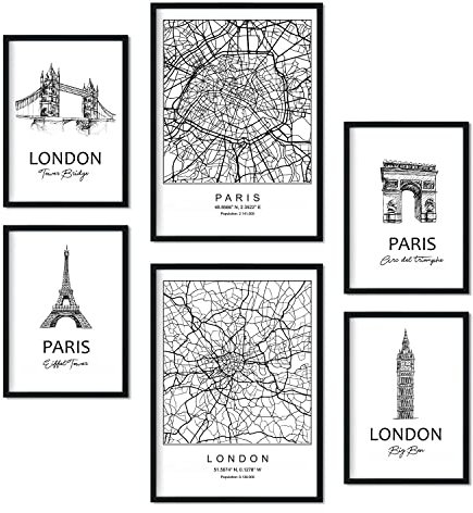 Nacnic Set von 6 Poster von Paris und London. Sammlung von Platten mit ästhetischer Collage für Innendekoration. Größen A3 und A4. Rahmenlos