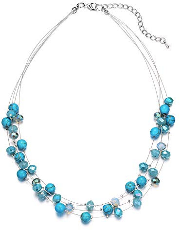 Bulinlin Damen Silber Perlenkette mit Kristall Statement Mehrreihige Boho Choker Halskette Modeschmuck Geburtstagsgeschenke für Frauen(15-Turquoise)