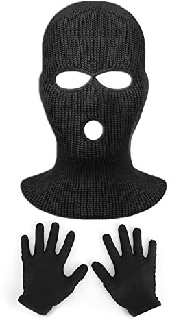 Winter-3-Loch-Sturmhaube aus Strick, winddichte, warme und atmungsaktive Maske, 360°-Rundumumhüllung, geeignet für Motorrad- und Fahrrad-Outdoor-Sportarten, mit einem Paar schwarzen Handschuhen