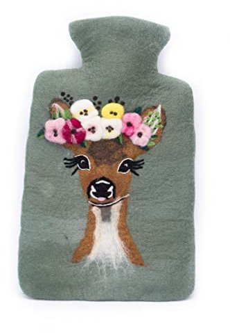 feelz - Wärmflasche Reh, romantische Bettflasche aus 100% Wolle (Merino), grün oder natur, Handarbeit, Fairtrade (Grün - Bezug mit Innenflasche)