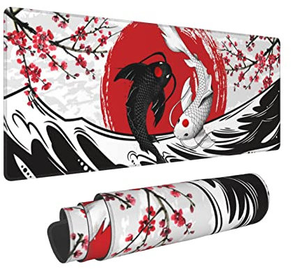Japanese Black White Yin Yang Koi Fish Kanagawa Wave Mouse Pad XL Extended Desk Mat, Non Slip Rubber Base Stitched Edge Gaming Pc Desktop Large Mice Pad,31.5 x 11.8 Inch