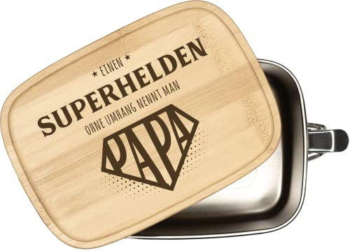 Tassenbrennerei Brotdose mit Spruch - Einen Superhelden ohne Umhang nennt man Papa - 1000ml Edelstahl Box mit Bambusdeckel graviert - Geschenk für Vater (Papa)