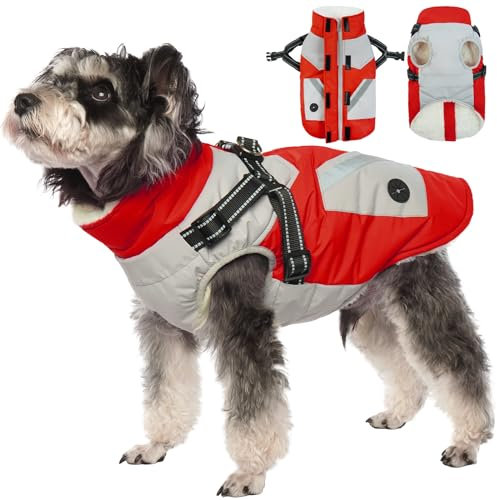 Hundejacke mit Geschirr, Hunde Wintermantel mit Geschirr Hundepullover Mittelgroße Hunde Hundemantel Warm Wasserdicht(Rot, M)