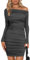 EMOTTOS Damen Hüftbetonte Minikleider, Schulterfreies Plissee-Kleid mit Kordelzug/Quadratischer Halsausschnitt mit Samtrüsche und Langen Ärmeln, Gerüschtes Bodycon Wickelkleid (Grau, L)