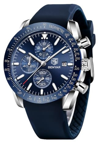 BY BENYAR Herren Analoger Chronograph Quarzuhr 30M Wasserdicht Leuchtende Datumsanzeige Freizeituhr Sport Lederuhr.(Gummi Silber Blau)