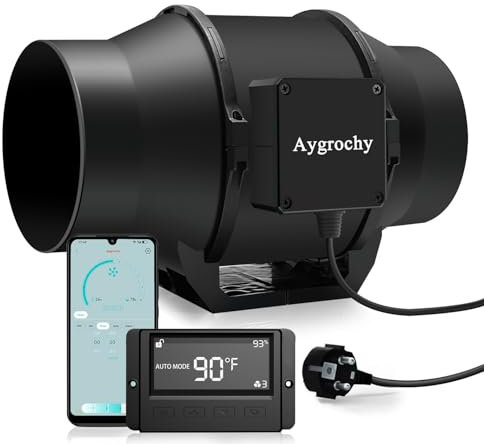 Aygrochy WiFi App Rohrventilator 100mm mit Temperatur- und Feuchtigkeitsregler, Drehstrom-EC-Motor, 3000 RPM Abluftventilator für Rauchabzug und Abluft und Tente de Culture hydroponique