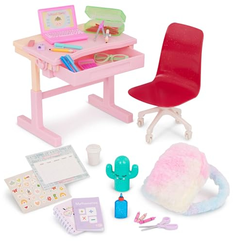 Our Generation Rêves d’école, Ensemble de Bureau inclinable, Bureau Moderne | Comprend 30 pièces au total avec bureau inclinable, chaise roulante, sac d’école et lampe fonctionnelle, 5 ans et +
