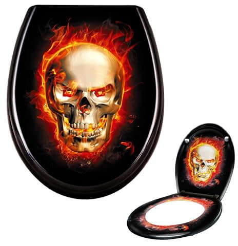 Suusolny WC Sitz Absenkautomatik Toilettendeckel mit Absenkautomatik,Softclose aus Duroplast und Edelstahl Toilettensitz in Universal Größe - Schädel Flammen