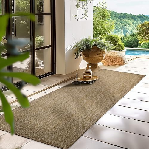 HomebyHome In- & Outdoor Teppich Wetterfest 80 x 150 cm Läufer Braun - Flur Waschbar, Wasserfest, Pflegeleicht und Flachgewebe - Ideal für Balkon, Garten, Terrasse und als Küchenläufer