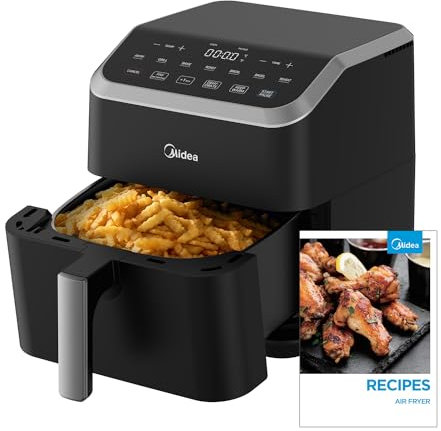 Midea Friggitrice ad aria da 5,5 quarti, tecnologia Heatexpress Rapid Air, 9 menu preimpostati, pasti facili e veloci, pulsante da 1 minuto e funzione preferita, 90% in meno di olio, facile