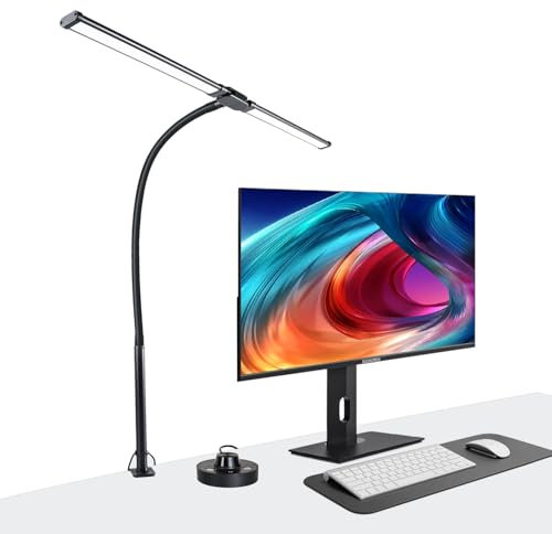 ISeebaibi LED Desk Lamp with Two Heads, Clamp On Desk Lamps, 24W, 4000 LMS, CRI>90, 5 Color Modes (2600K-6500K), 10 Brightness Levels, Adapter Included