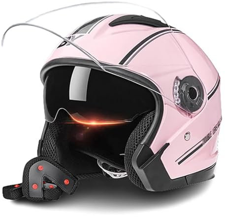 RYDZCLH Caschi Moto Casco Mezza Faccia 3/4, Casco Moto Open Face Omologato DOT per Uomo Donna, Casco Moto da Strada con Doppia Visiera E Prese d'Aria Multiple,Rosa,M 56~62cm