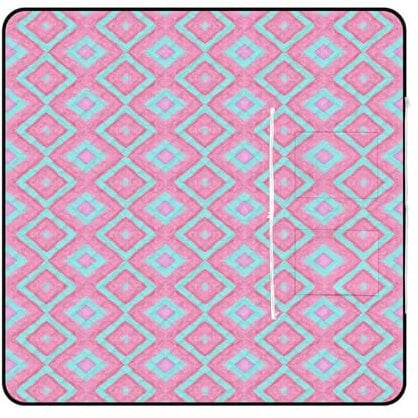 SEEKJOYS Picknickdecke mit Rautenmuster, mit Tragegurt, faltbar, wasserdicht, Sandmatte für Outdoor, Camping, Sommer, Strandmatte, 150 x 150 cm, Rosa / Grün