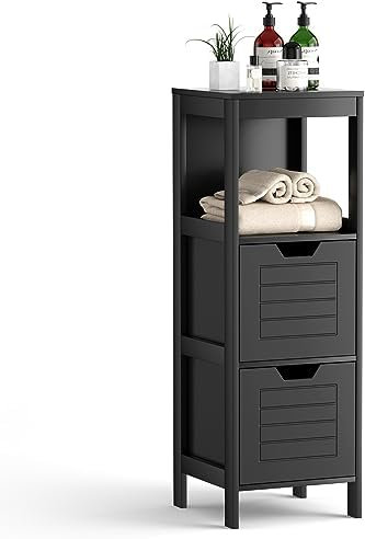 FANTASK Badezimmerschrank mit 2 Schubladen, Badkommode, Badschrank aus Holz, Badregal, Schwarz
