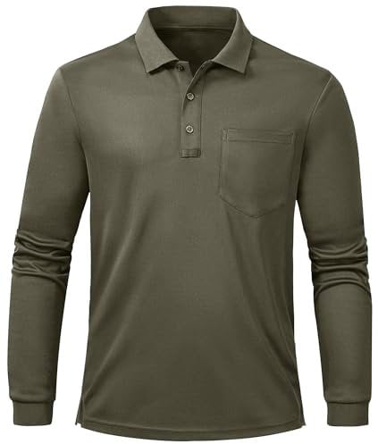 Tyhengta Golf Shirts Mens Quick Dry Polo Tops Long Sleeve Work T-Shirt Breathable Rugby Polo T Shirt with Pocket Army Green,M