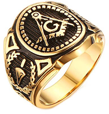 Grewod Mode Ringe, Edelstahl Herren Ring Gold Freimaurer Schmuck Ringe Verlobung Größe 62 (19.7)