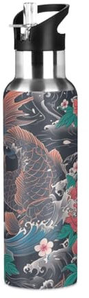 Niigeu Poisson Koi Japonais De Dessin Animé Bouteille d'eau Isotherme avec Paille en Acier Inoxydable Gourde, Sans BPA Gourdes Eau pour Enfant Sport Randonnée École Bureau (600ml/1L)