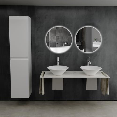 Alpenberger Doppelwaschbecken Doppelwaschtisch | Aufsatzwaschbecken Rund | Waschtischplatte mit Waschbecken Set | Waschtisch mit Hochschrank und Bad Spiegel (Set 3, 130 cm Breit)