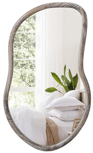 FEUFOAM Unregelmäßiger Wandspiegel, asymmetrisch, abstrakt, für Wand, Holz, rustikal, braun, dekorative Schminkspiegel für Badezimmer, Schlafzimmer, Wohnzimmer