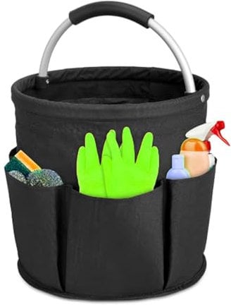Tool Bag with Handle: 17 liters Bucket Tool Organizer Bag - Collapsible Garden Small Tools Bag - Portable Multi Cleaning Organiser Caddy - Multi Pocket Craft Caddy - for Indoor and Outdoor (Black)
