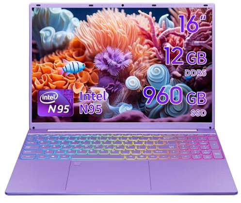UDKED 16 inch Laptop, N95 CPU(up to 3.4GHz),12GB DDR5,1920x1200 IPS Display,Windows 11 Laptops,Narrow Bezels,Numeric/Backlit KB,USB3.0,Dual Band WiFi,HDMI Purple Notebook PC (Purple/960G SSD)