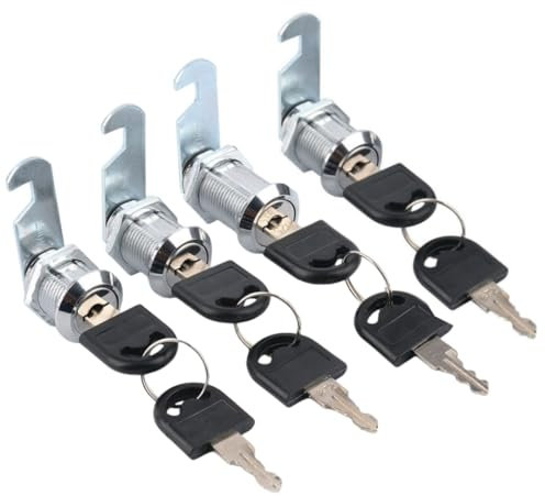Lot de 4 serrures d'armoires cylindriques en métal avec clé identique, serrure de tiroir avec 2 plaques de verrouillage différentes (20 mm)