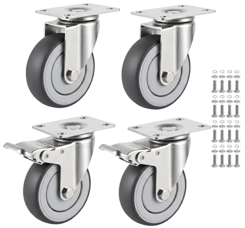 TGHEY 100mm Castor Wheels Set of 4 Heavy Duty Swivel Castors Includes Mounting Hardware 600kg Load Capacity Quiet TPE Casters with 2 Locking Brakes for Furniture Workbench and Cart